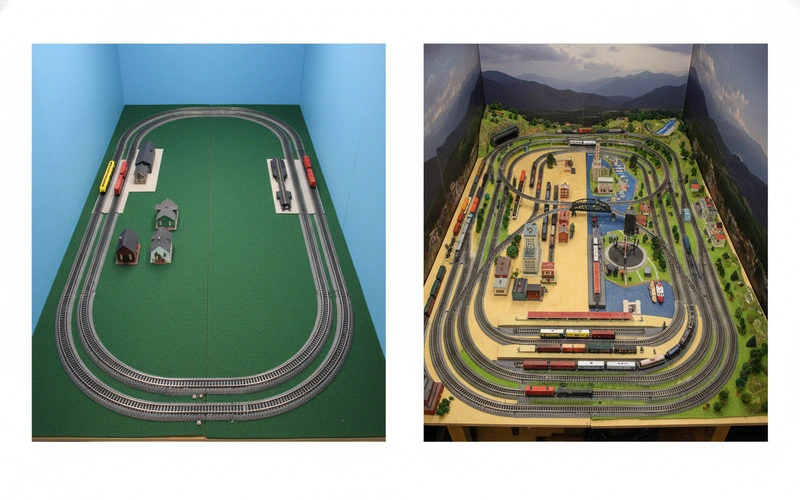 Comparison of HO scale and N scale model railroad layouts showing space efficiency differences