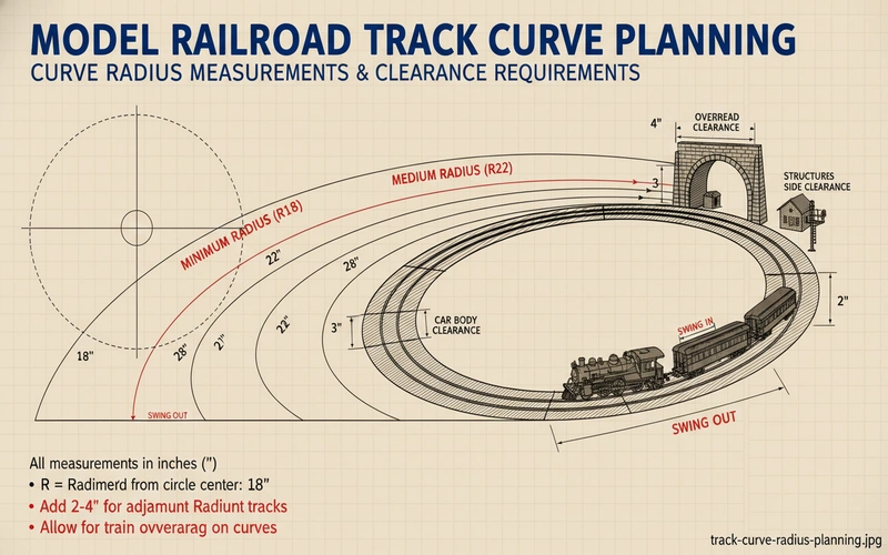 Diagram showing proper curve radius measurements and clearance requirements for model railroads