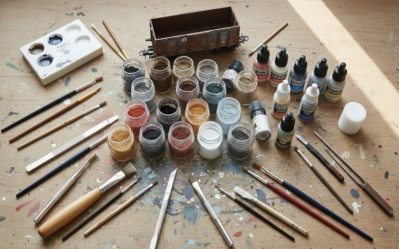 Array of weathering paints, powders, brushes, and tools for model train detailing